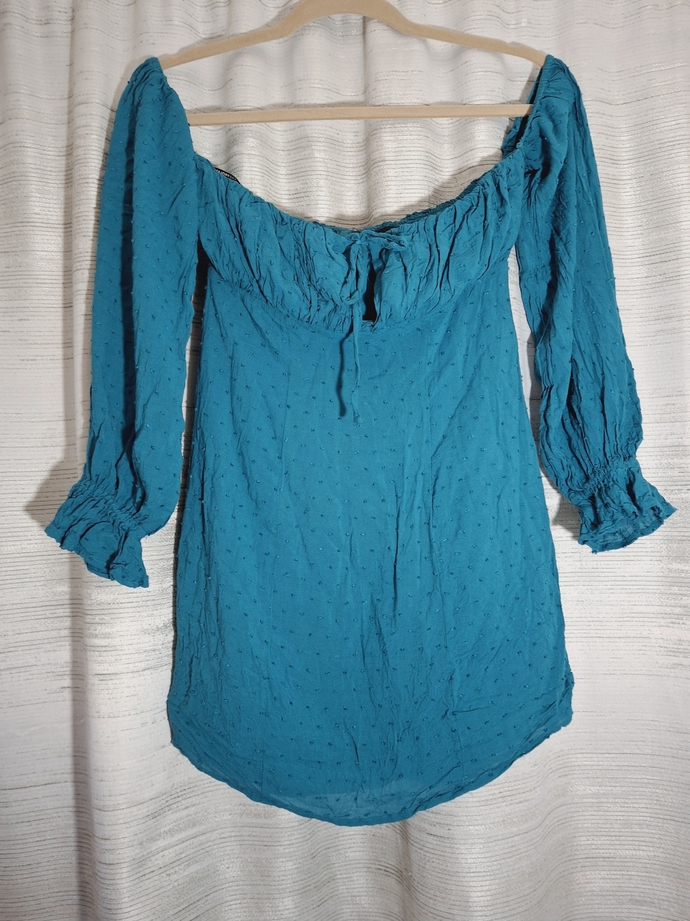 MAJORELLE Teal Off-Shoulder Peasant Mini Dress